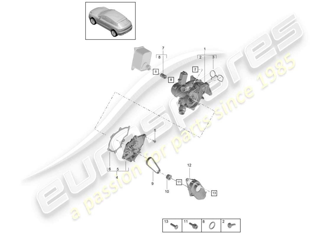 porsche 2021 (macan) régulateur de liquide de refroidissement pompe à liquide de refroidissement raccord union schéma des pièces