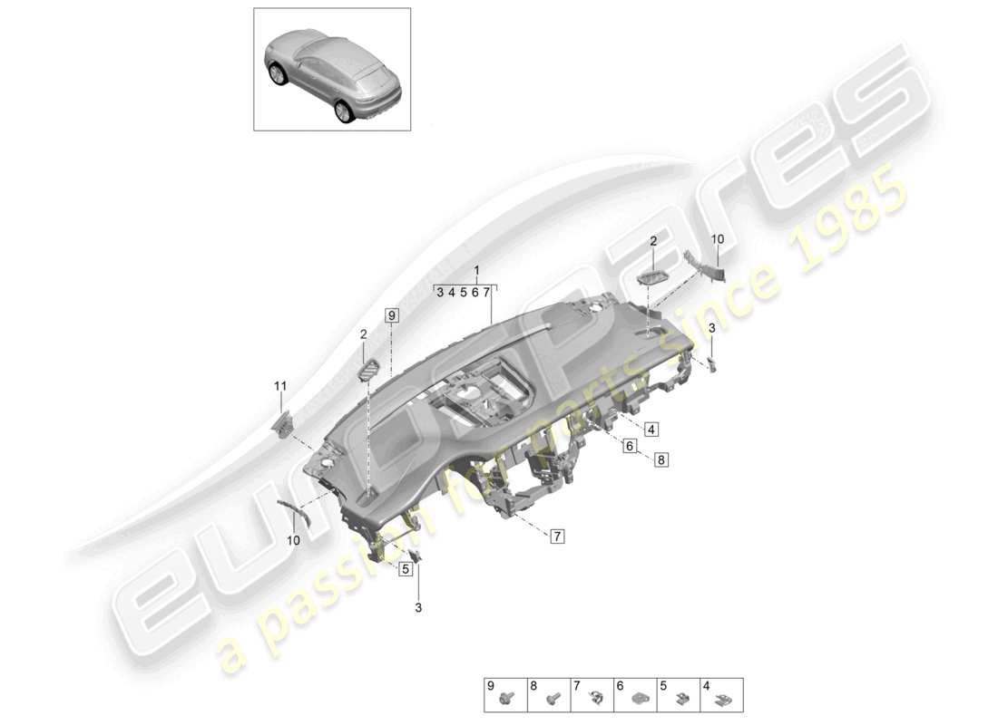 porsche 2021 (macan) garniture du tableau de bord partie supérieure schéma des pièces