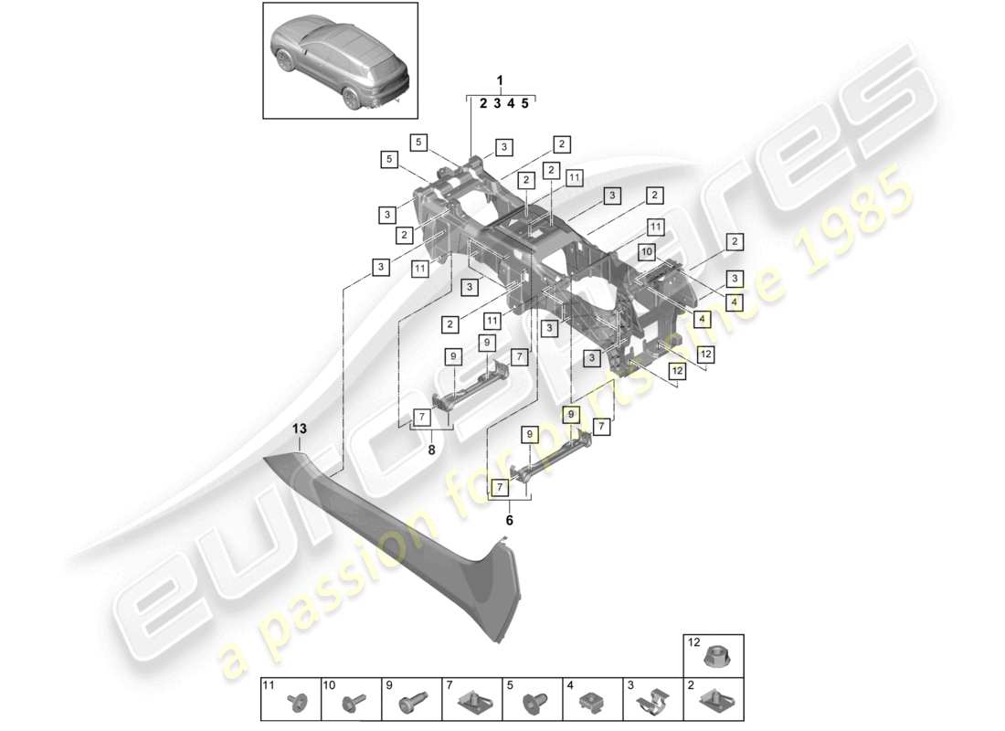 porsche 2021 (cayenne e3 9ya/9yb) console centrale inférieure schéma des pièces