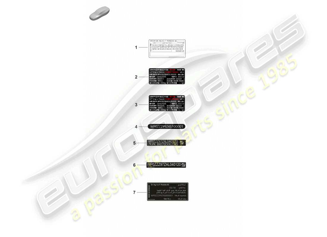 porsche 2023 (992-1 gt3/rs/st) certificat autocollant usa certificat autocollant canada étiquette de données chine corée émirats arabes unis diagramme des pièces