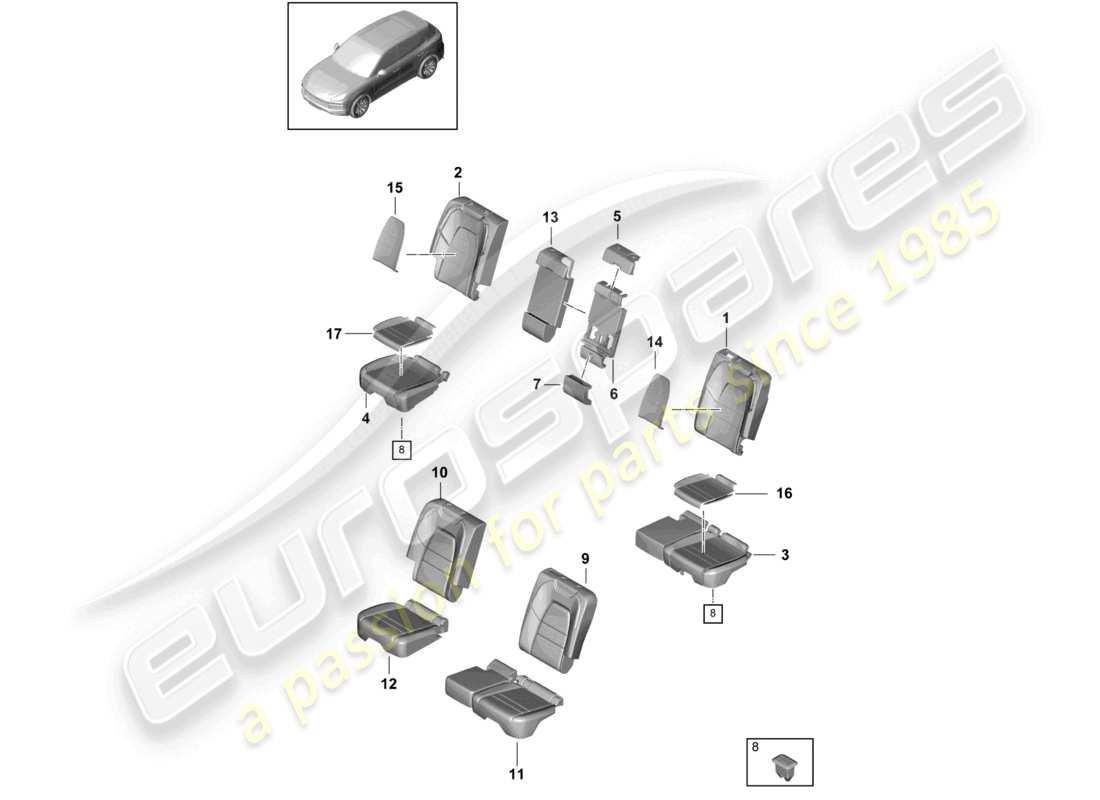 porsche 2024 (cayenne e3 9ya/9yb) siège arrière siège standard partie en mousse housses de dossier housses de siège diagramme des pièces