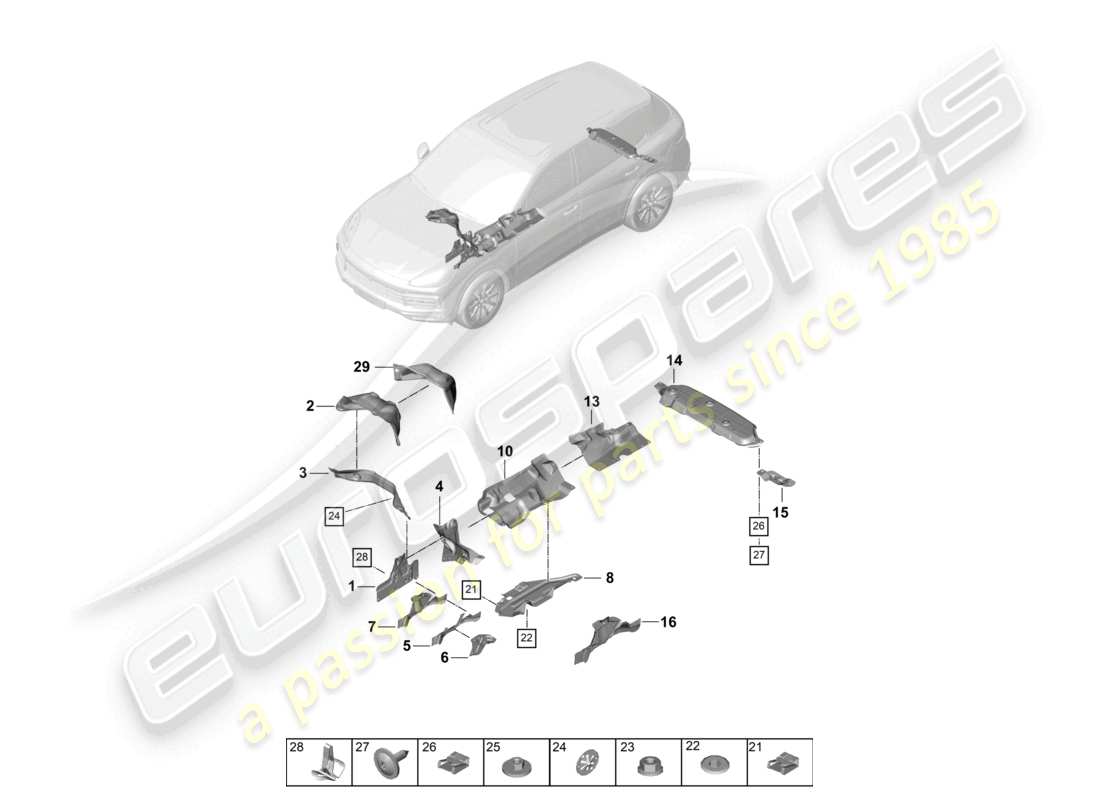 porsche 2024 (cayenne e3 9ya/9yb) schéma des pièces du soubassement d'isolation thermique