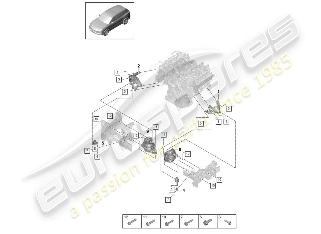 porsche 2024 (cayenne e3 9ya/9yb) console inférieure de levage du moteur pour le montage du moteur schéma des pièces de montage du moteur