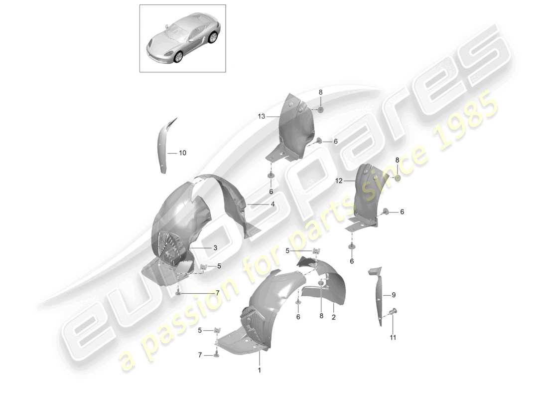 porsche 2025 (718 cayman) garnitures schéma des pièces du carter de roue