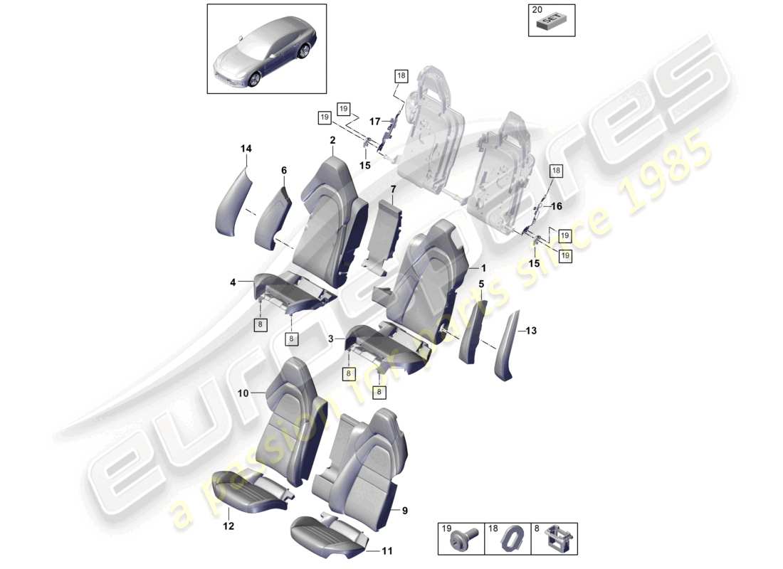 porsche 2021 (panamera 971-1) siège arrière siège standard version confort housses de dossier en mousse housses de siège diagramme des pièces