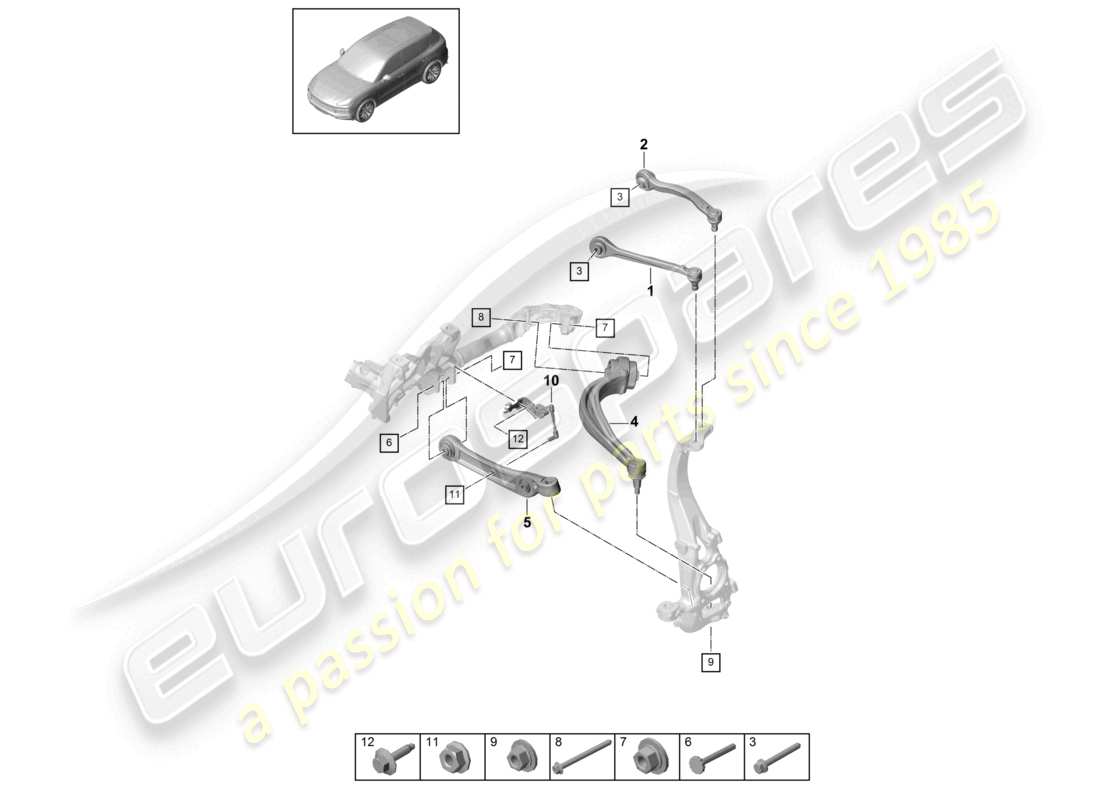 porsche 2021 (cayenne e3 9ya/9yb) schéma des pièces de l'essieu avant à bras triangulaire