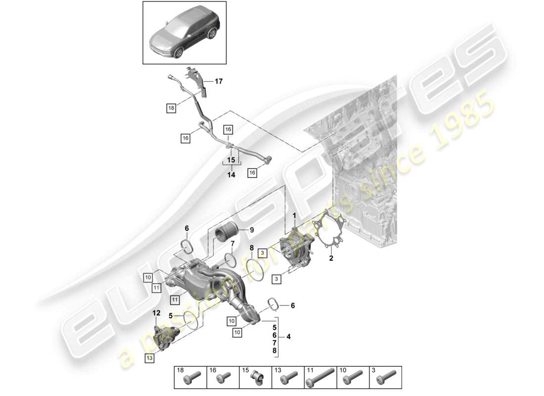 porsche 2021 (cayenne e3 9ya/9yb) schéma des pièces du boîtier du thermostat de la pompe à liquide de refroidissement et de la conduite de reniflard