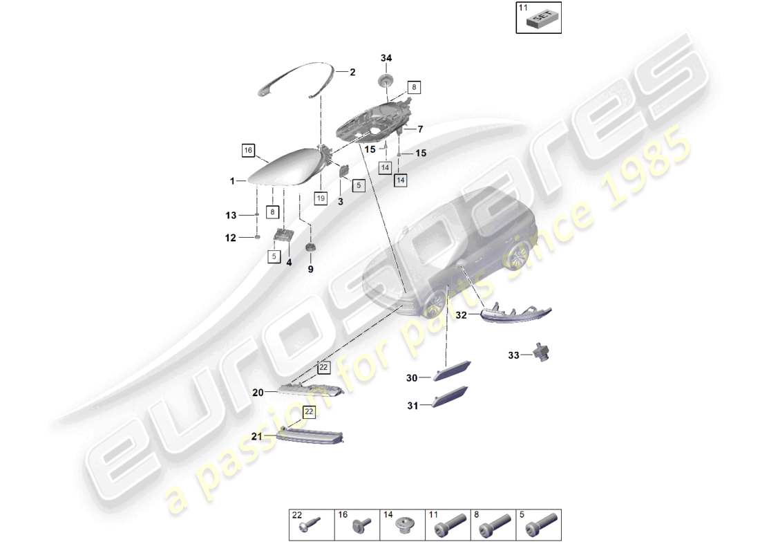 porsche 2021 (cayenne e3 9ya/9yb) phare à led répétiteur de clignotant feux de brouillard diagramme des pièces