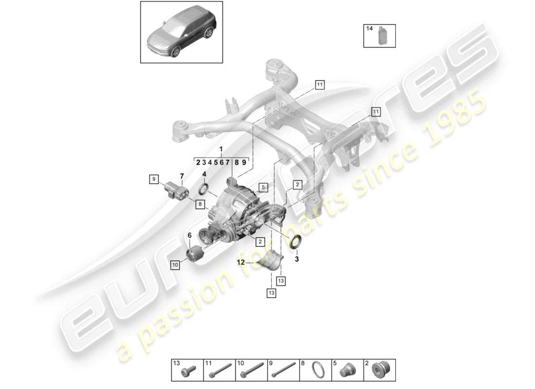 porsche 2021 (cayenne e3 9ya/9yb) schéma des pièces du différentiel d'essieu arrière pour les modèles avec blocage de différentiel