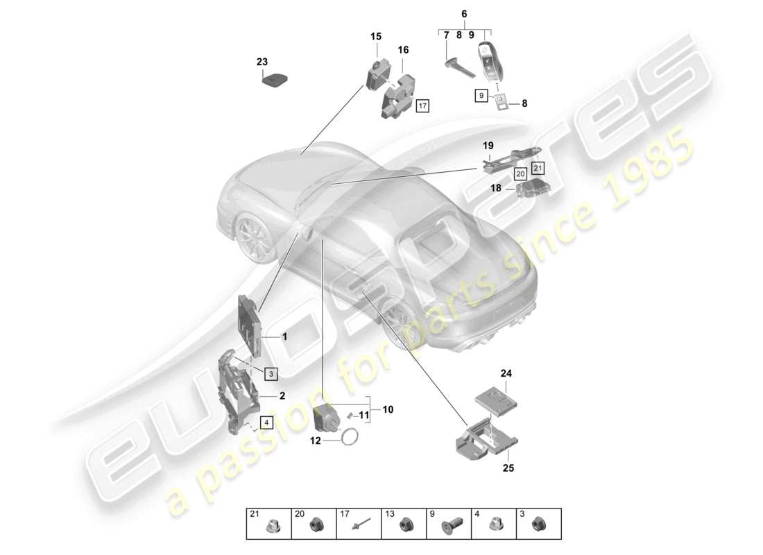 porsche 2026 (718 boxster spyder) unités de contrôle partie avant partie arrière émetteur portatif interrupteur d'allumage/démarrage antenne schéma des pièces