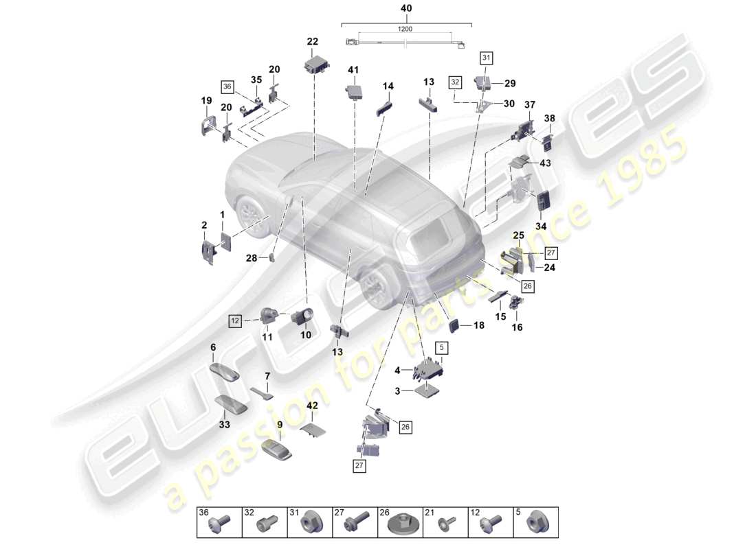 porsche 2024 (cayenne e3 9ya/9yb) unités de commande partie avant partie arrière interrupteur d'allumage/démarreur émetteur portatif commandes pour le fonctionnement de la porte de garage récepteur chauffage auxiliaire antenne unité de commande pour la régulation de la distance unité de commande pour l'assistance au changement de voie spoiler schéma des pièces
