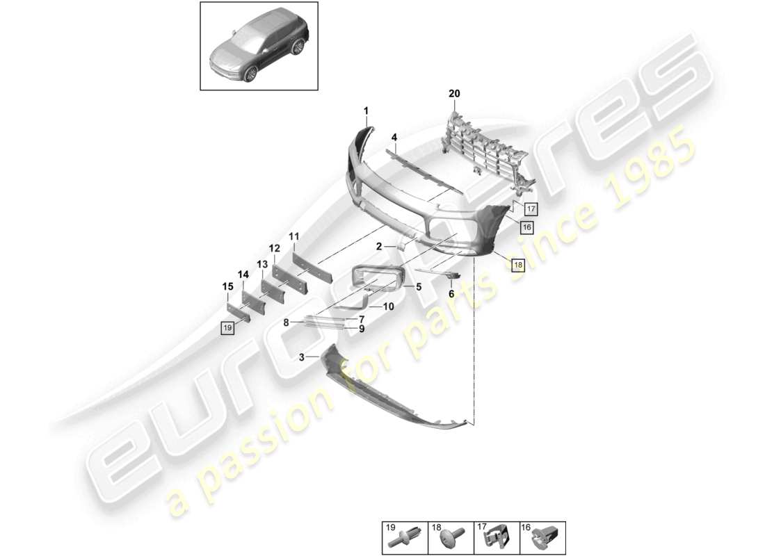 porsche 2024 (cayenne e3 9ya/9yb) schéma des pièces du pare-chocs avant sport design package effet carbone