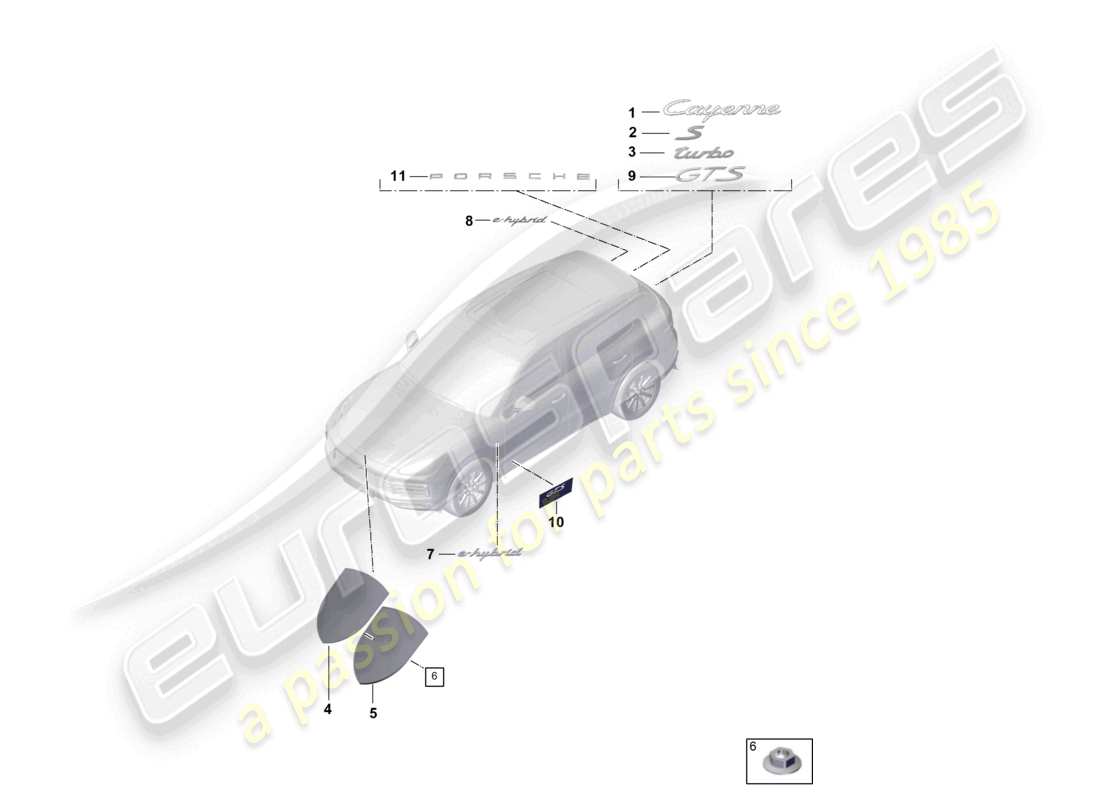 porsche 2021 (cayenne e3 9ya/9yb) inscriptions/lettrage supérieur porsche crête extérieure diagramme de la partie
