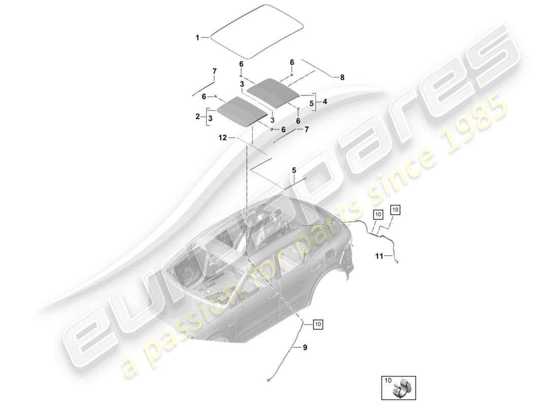 porsche 2021 (cayenne e3 9ya/9yb) accessoires de toit en verre couvercle tuyau d'évacuation d'eau diagramme des pièces