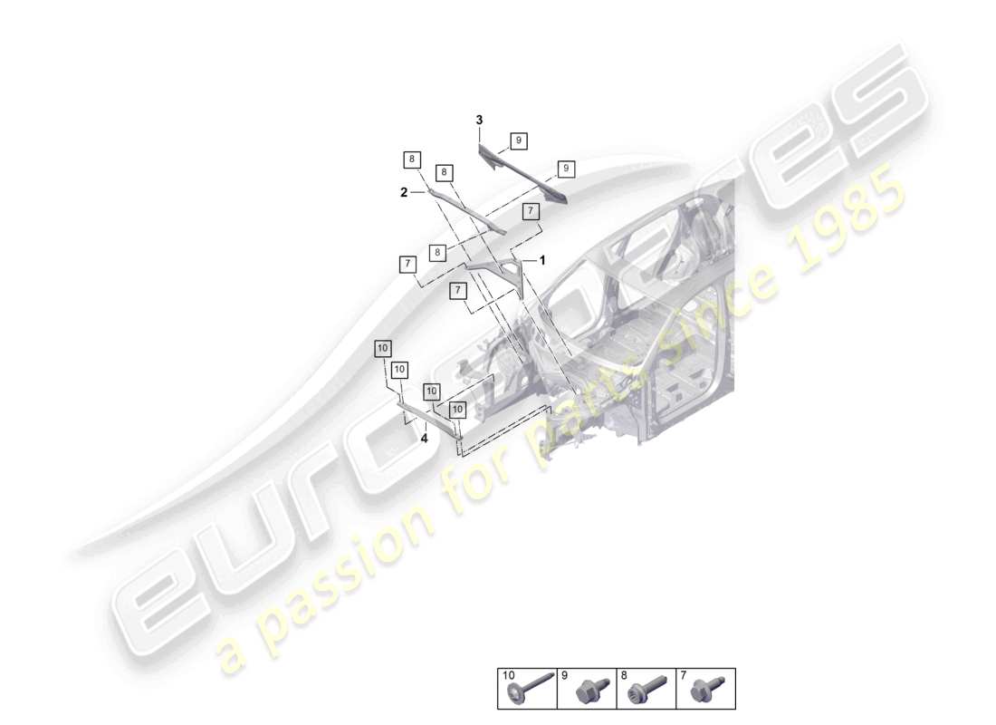 porsche 2021 (cayenne e3 9ya/9yb) schéma des pièces de la jambe de force du dôme