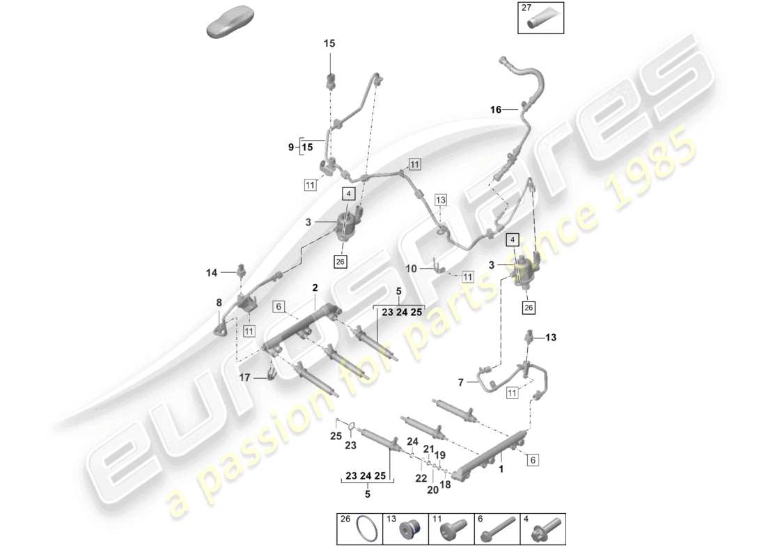 porsche 2022 (992-1 turbo / s) schéma des pièces de la pompe haute pression du système d'injection et de l'injecteur haute pression