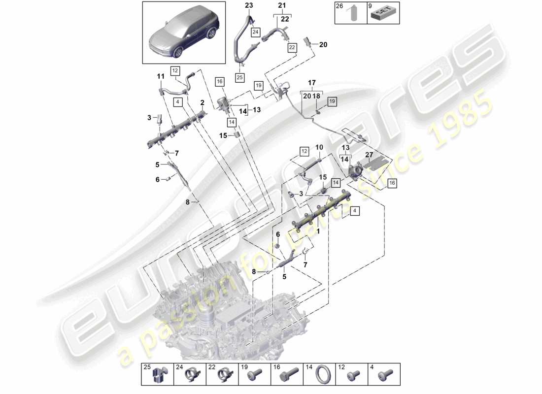 porsche 2021 (cayenne e3 9ya/9yb) schéma des pièces du tuyau de collecte de carburant, de l'injecteur haute pression et de la pompe haute pression
