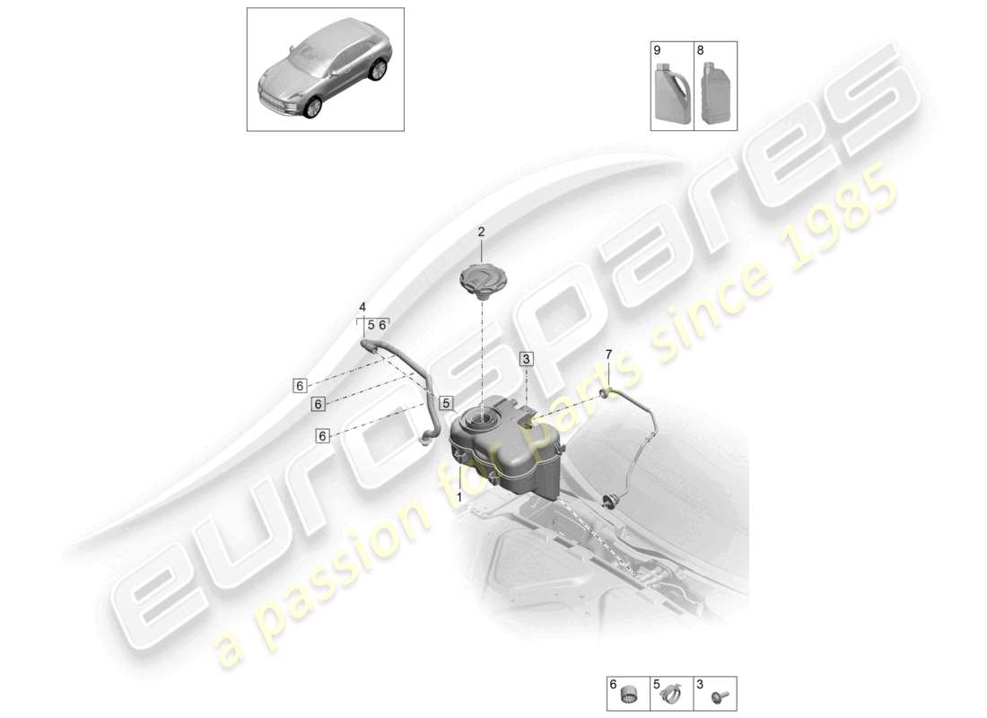 porsche 2021 (macan) vase d'expansion du liquide de refroidissement additif pour liquide de refroidissement schéma des pièces