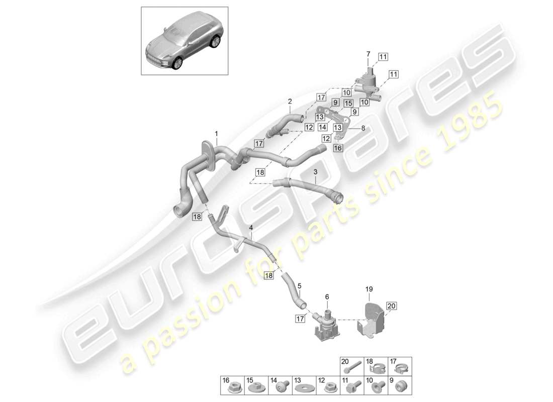 porsche 2021 (macan) schéma des pièces du réchauffeur r4 tfsi ; 2,0l boîte à eau