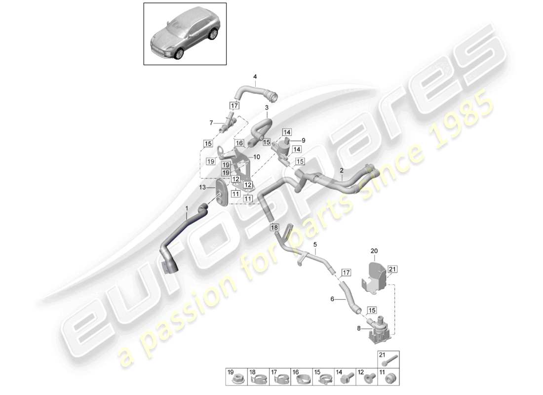 porsche 2021 (macan) schéma des pièces du radiateur r4 2,0l tfsi pour boîte à eau à gauche