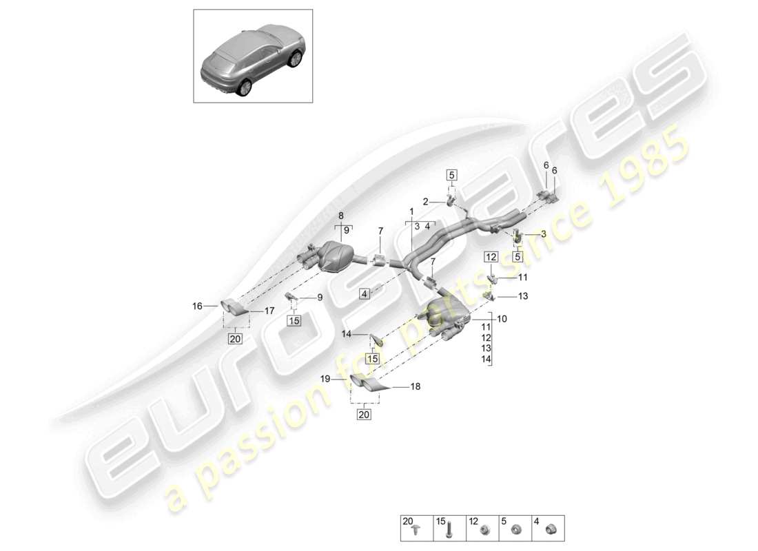 porsche 2021 (macan) système d'échappement silencieux avant silencieux arrière schéma des pièces