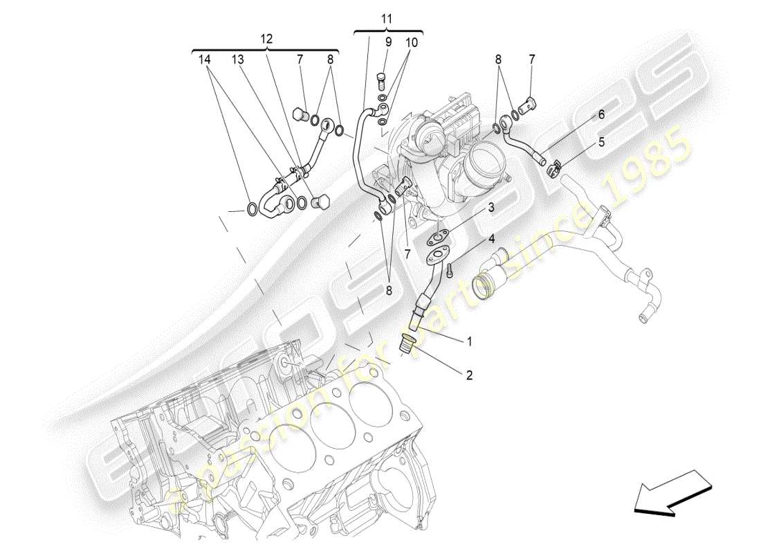 maserati ghibli (2020) système de turbocompression : lubrification et refroidissement schéma des pièces