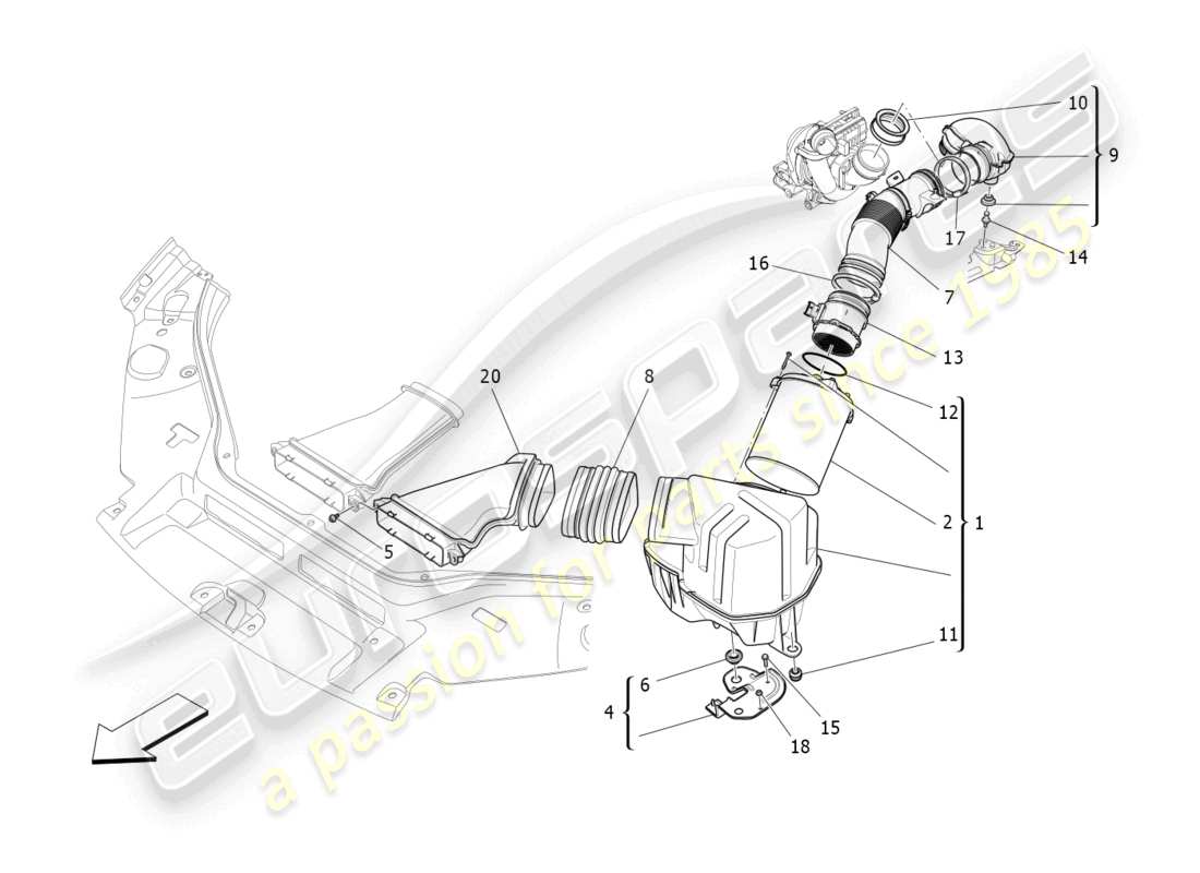 maserati levante (2020) schéma des pièces du filtre à air, de l'admission d'air et des conduits