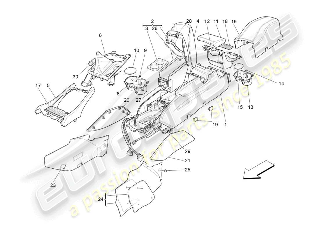 maserati grancabrio mc (2013) schéma des pièces de la console d'accessoires et de la console centrale