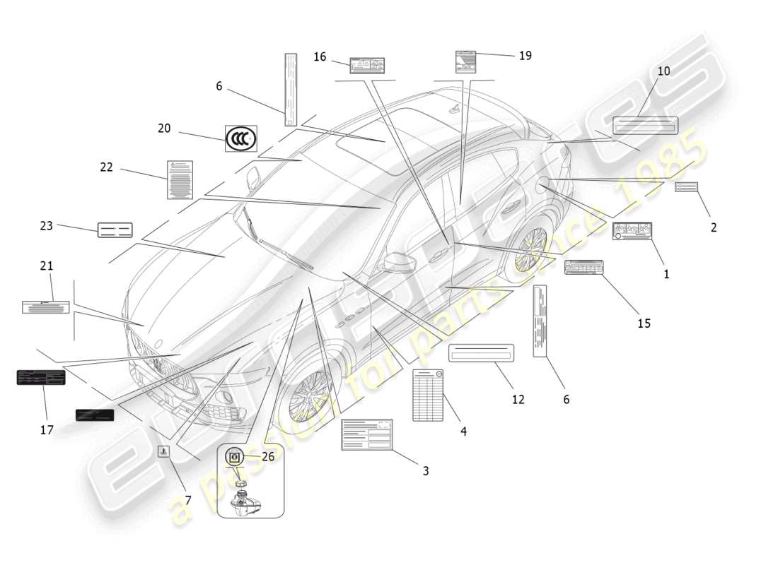 maserati levante modena (2022) diagramme de pièces d'autocollants et d'étiquettes