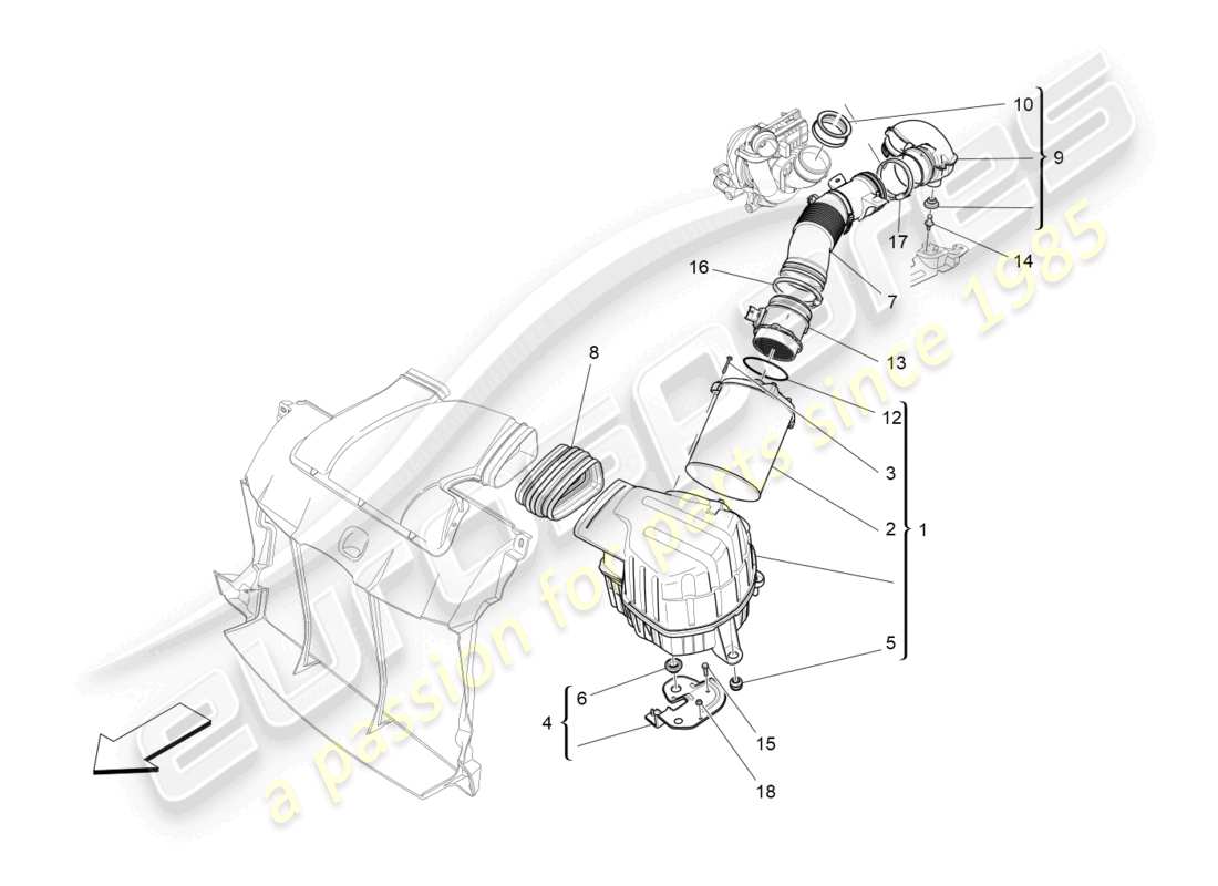 maserati quattroporte (2018) schéma des pièces du filtre à air, de l'admission d'air et des conduits