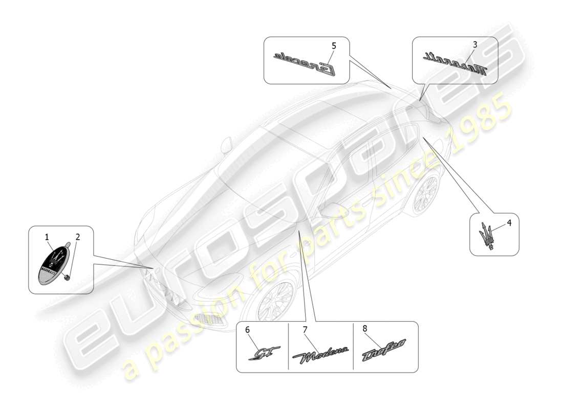 maserati grecale trofeo (2023) diagramme des pièces des garnitures, marques et symboles