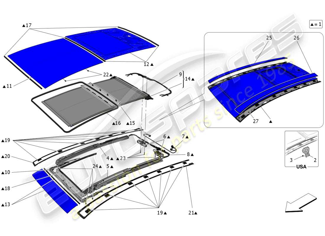 maserati grecale trofeo (2023) schéma des pièces du toit ouvrant