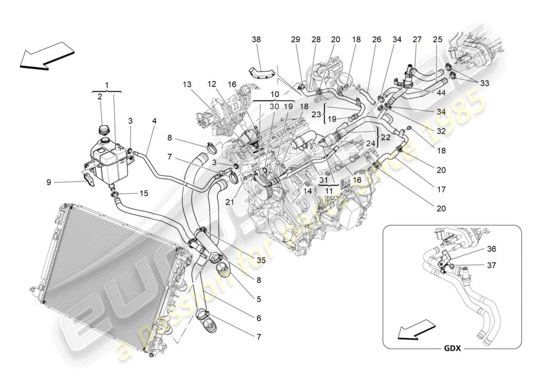 maserati levante (2020) système de refroidissement : diagramme de pièces nourice et lignes