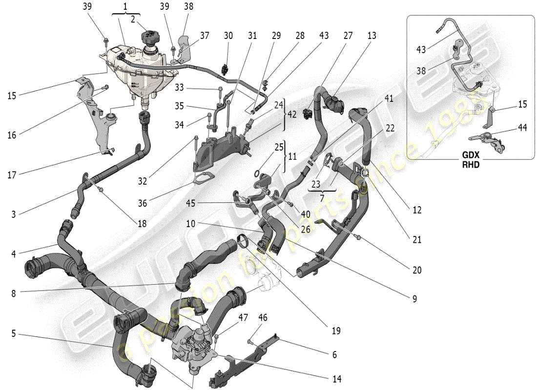 maserati grecale modena (2023) système de refroidissement : nourrice et lignes schéma des pièces