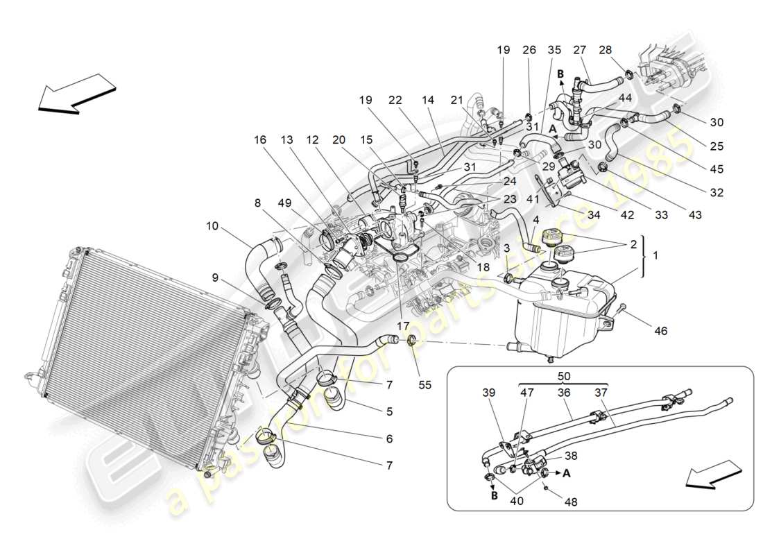 maserati quattroporte (2018) système de refroidissement : diagramme de pièces nourice et lignes