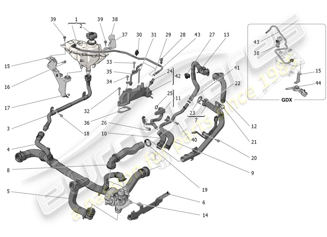maserati grecale gt (2023) système de refroidissement : diagramme de pièces nourice et lignes