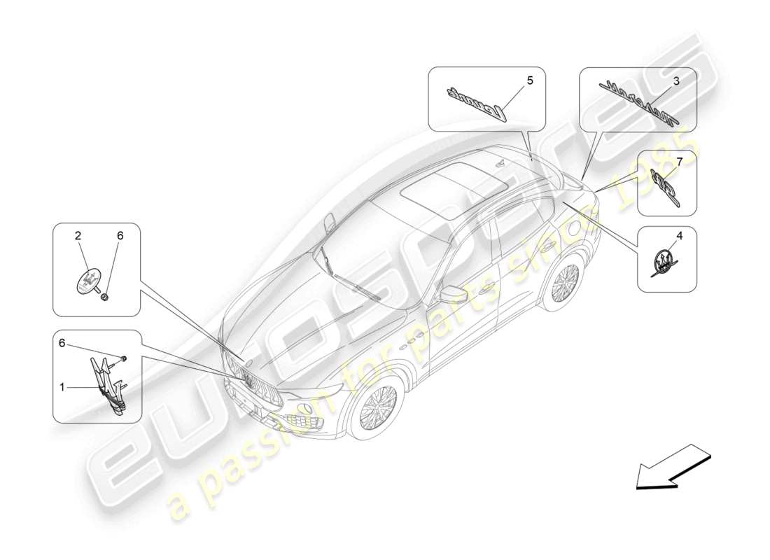 maserati levante (2017) diagramme des pièces des garnitures, marques et symboles