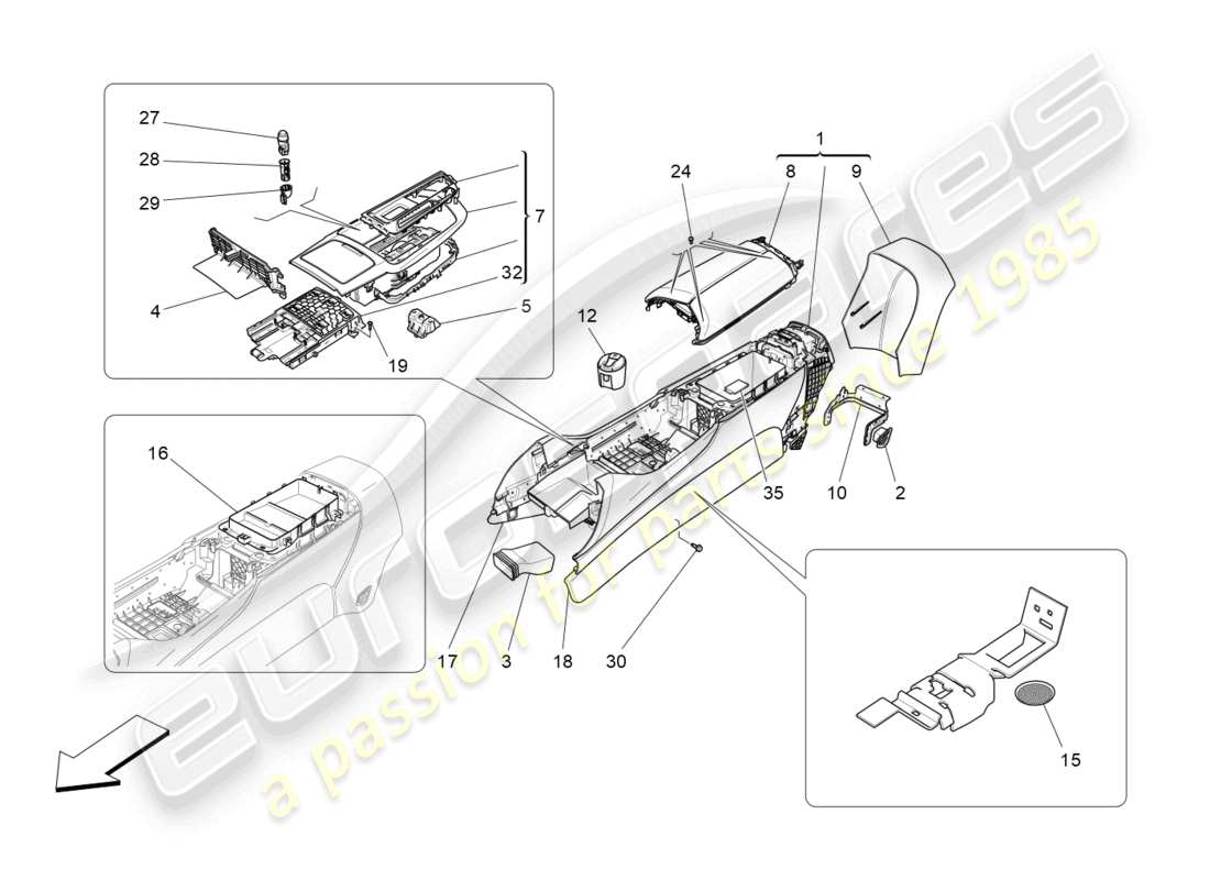 maserati levante modena (2022) schéma des pièces de la console d'accessoires et de la console centrale