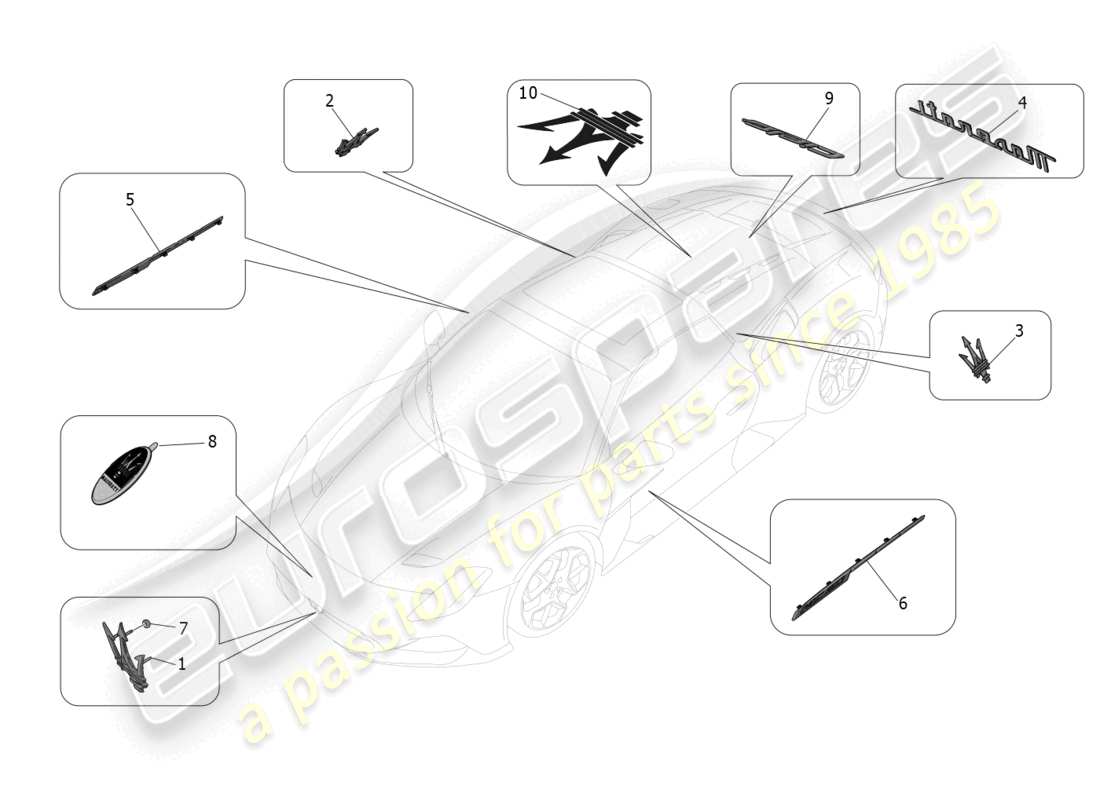 maserati mc20 cielo (2023) diagramme des pièces des garnitures, marques et symboles