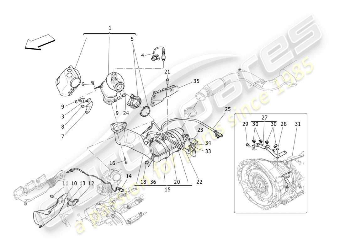 maserati levante (2018) diagramme des pièces des convertisseurs pré-catalytiques et des convertisseurs catalytiques