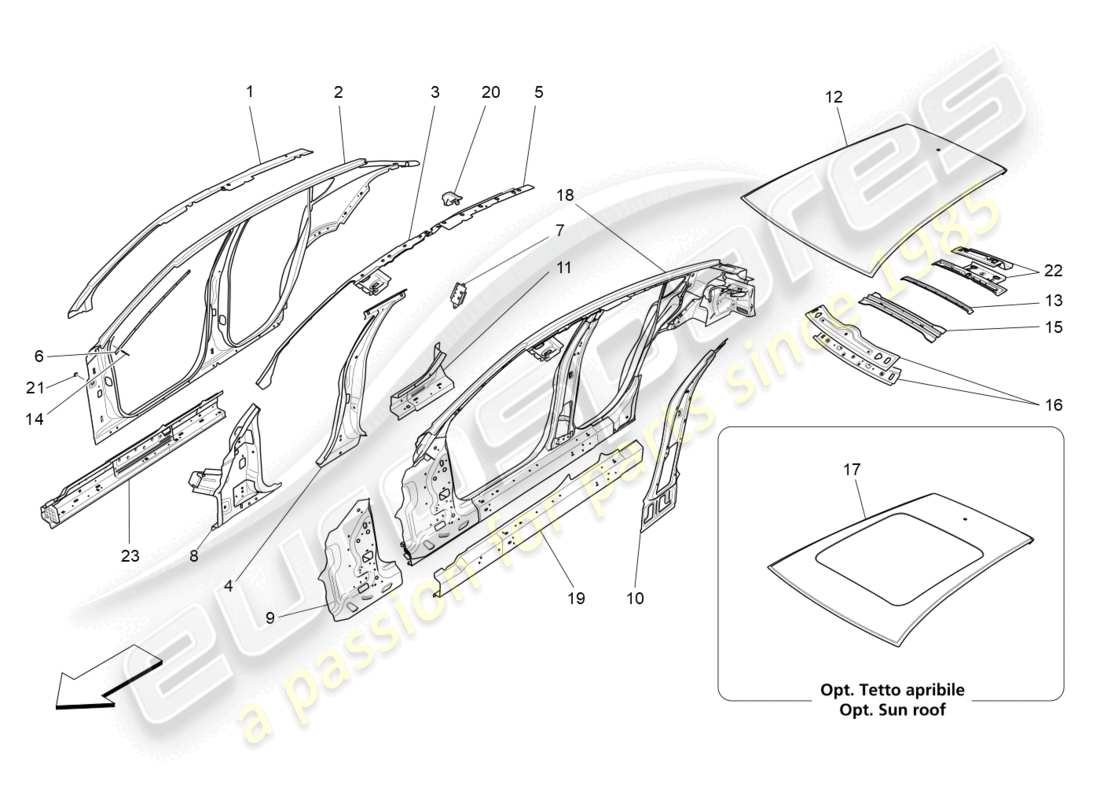 maserati levante (2019) carrosserie et ​​garniture extérieure centrale schéma des pièces