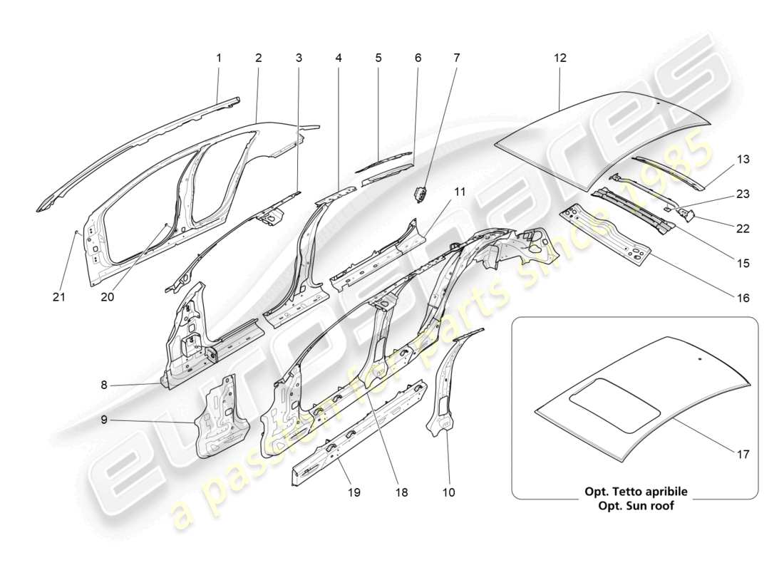 maserati ghibli fragment (2022) schéma des pièces de la carrosserie et des panneaux de garniture extérieurs centraux