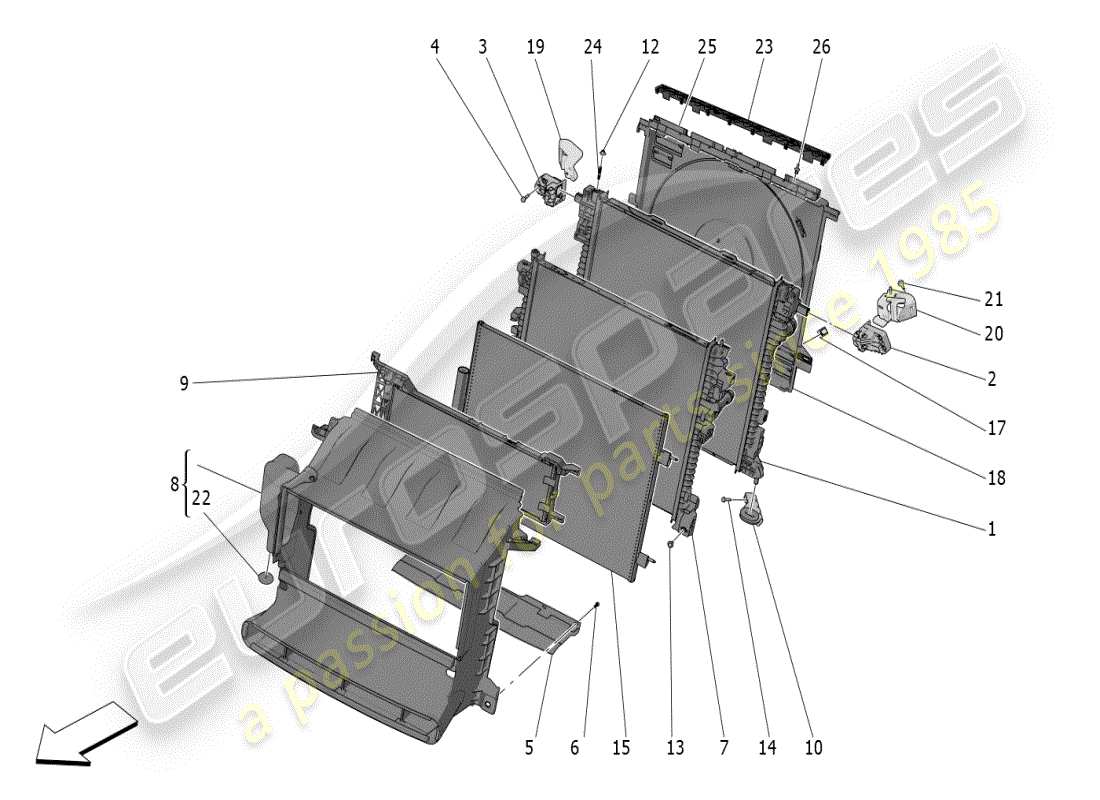 maserati grecale modena (2023) refroidissement : diagramme de pièces des radiateurs et des conduits d'air