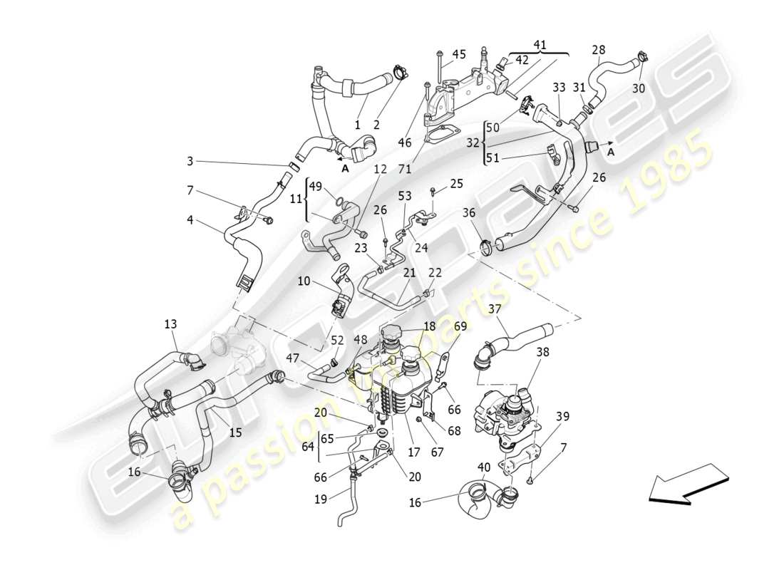 maserati levante gt (2022) système de refroidissement : diagramme de pièces nourice et lignes