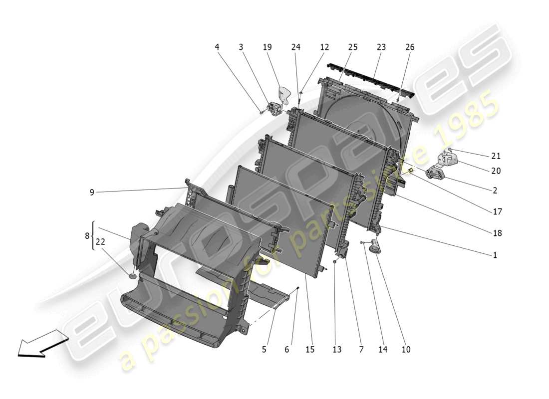 maserati grecale gt (2023) refroidissement : diagramme de pièces des radiateurs et des conduits d'air