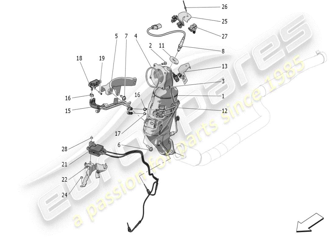 maserati grecale modena (2023) diagramme des pièces des convertisseurs pré-catalytiques et des convertisseurs catalytiques