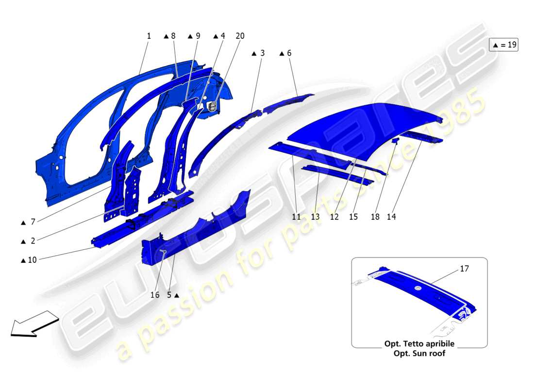 maserati grecale trofeo (2023) schéma des pièces de la carrosserie et des panneaux de garniture extérieurs centraux