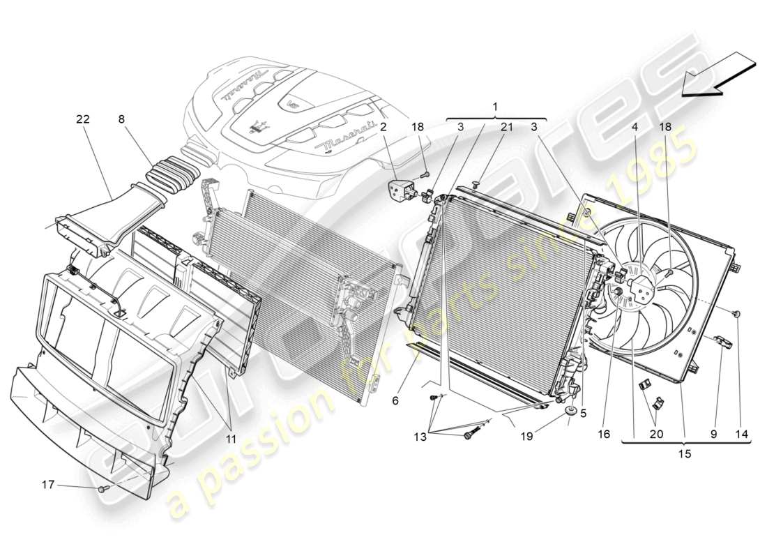 maserati levante (2018) refroidissement : diagramme de pièces des radiateurs et des conduits d'air