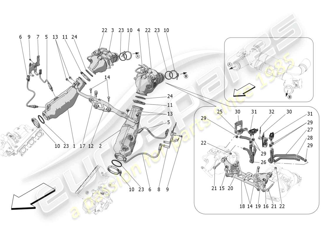 maserati mc20 cielo (2023) diagramme des pièces des convertisseurs pré-catalytiques et des convertisseurs catalytiques