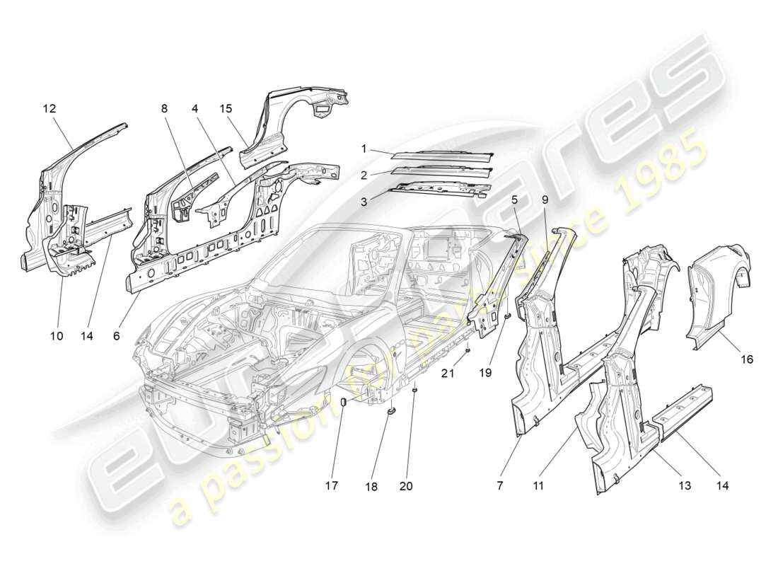 maserati grancabrio mc (2013) schéma des pièces de la carrosserie et des panneaux de garniture extérieurs centraux